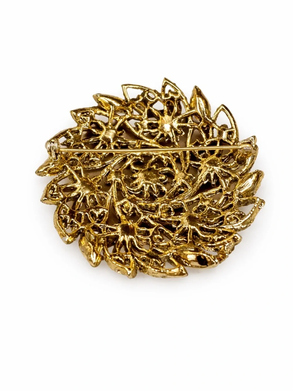 Vintage Large Gold Tone Rhinestone Floral‎ Brooch – Champagne & Clear Stones